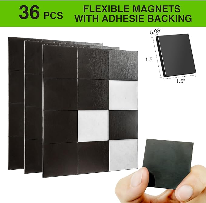 Magnetic Squares with Adhesive Backing(36PCS Each 1.5" x1.5"),Pre-Cut Self Sticky Magnets as Back to School Supplies,Peel and Stick for Cards/Picture/Poster (80mil Magnet)