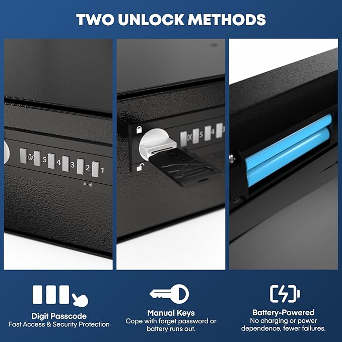 POCHAR Under Desk Gun Safe with Electronic Keypad & Key Lock - Steel Slide-Out Handgun Safe Storage Drawer for Home, Office, Garage, Car - Quick Access Hidden Gun Vault for Pistol & Valuables