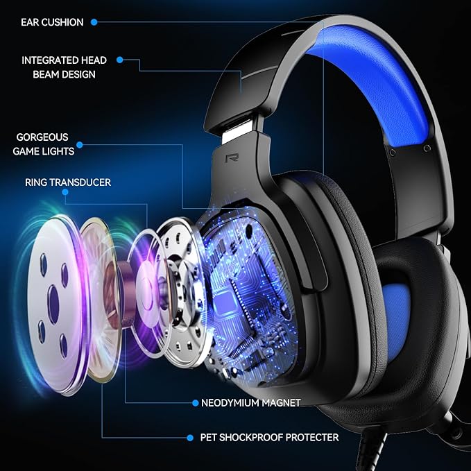 Jimonyer Gaming Headset for PC/PS4/PS5/Xbox One/Switch, Stereo Surround Sound Gaming Headphones with Noise Canceling Flexible Mic, Computer Headset with 3.5mm Jack & RGB Light(Blue)