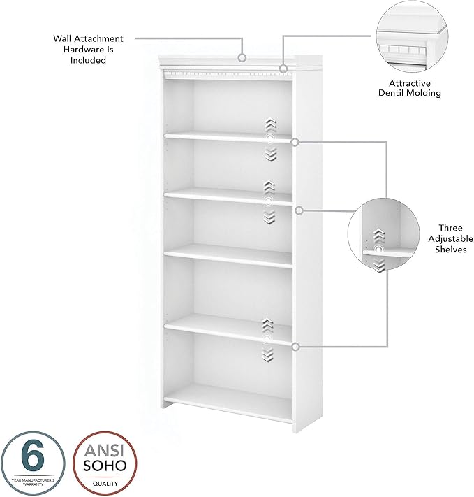 Bush Home Fairview 60W L Shaped Desk with Lateral File Cabinet and 5 Shelf Bookcase in Pure White and Shiplap Gray