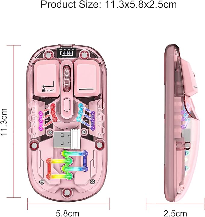Wireless Bluetooth Mouse, Transparent BT + 2.4G Dual-Mode Mechanical Mouse with Magnetic Top Cover, Rechargeable RGB Backlit Gaming Mouse for Gaming/Esports/Desktop/Laptops/Tablets (Pink)