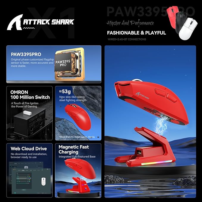 ATTACK SHARK X1 Superlight Wireless Gaming Mouse with RGB Magnetic Charging Dock, BT/2.4G Wireless/Wired Gaming Mouse, PAW3395PRO Gaming Sensor, 40000DPI, 53g Office Mice for PC/Mac/Win/Xbox (Red)