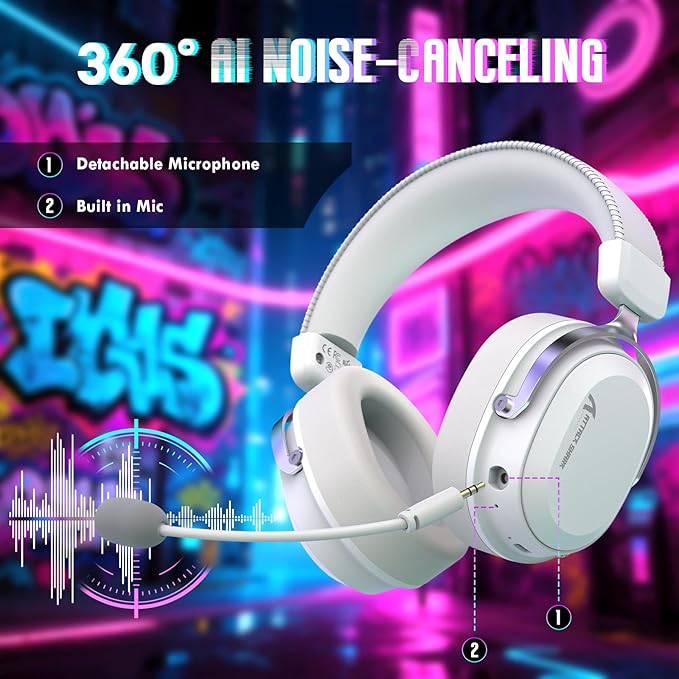 ATTACK SHARK L30PRO Wireless Gaming Headset,7.1 Surround Sound, 50mm Drivers,20ms Low Latency,Detachable Noise-Canceling Microphone, Aluminum Alloy Frame,Quad-Mode Connectivity-White