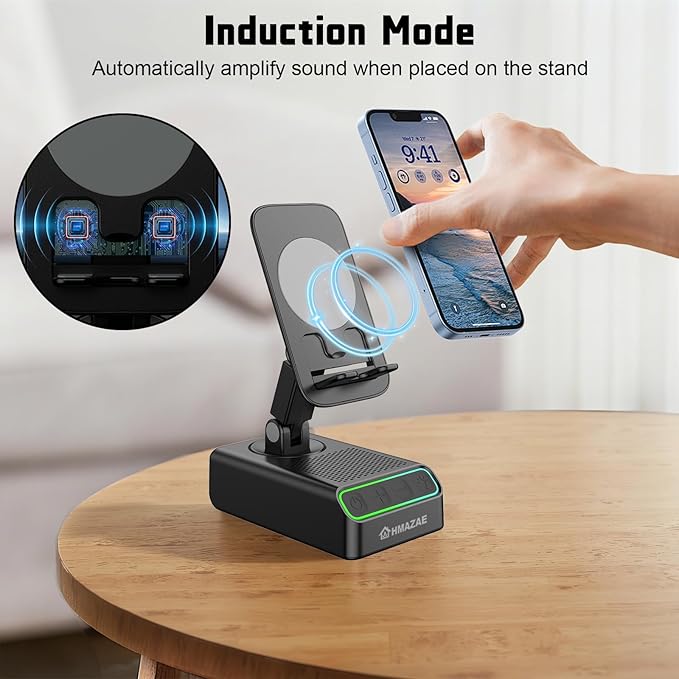 Cell Phone Stand with Wireless Bluetooth Speaker, Wireless Induction Audio, Emergency Rechargeable Portable Speaker Cellphone Stand with Colorful Ambient Light, Ideal Gifts for Men and Women