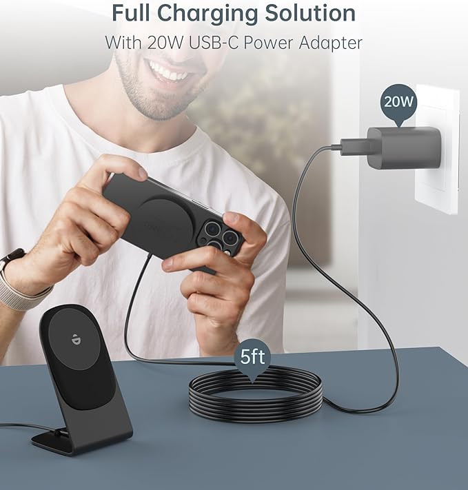 Magnetic Wireless Charger for iPhone 17/16/15/14/13/12 - Mag Charger+20W USB C Adapter, Fast Wireless Charging Stand/Pad with 5ft Cable for iPhone Pro Max Plus Mini 17e Air, Black