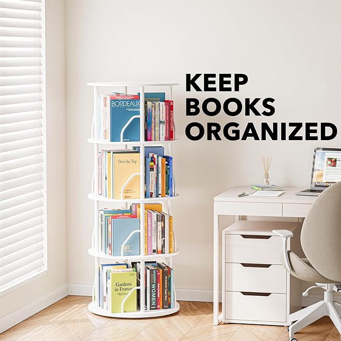 SpaceAid 4 Tier Rotating Bookshelf Tower, 360 Display Stackable Spinning Bookcase, Space Saving Revolving Round Book Shelf, Floor Standing Swivel Corner Organizer, White