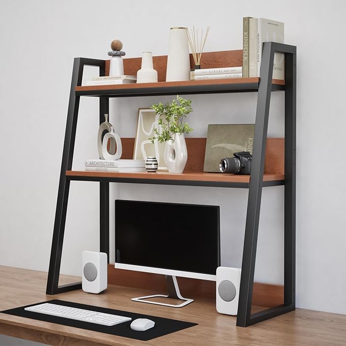 AQQHSAIN Desktop Hutch Shelf 2-Tier Ladder Bookshelf Computer Bookcase Wooden Desktop Display Rack Multipurpose Desk Hutch Top Only for Home Office Dorm Use (Brown, 55CM)