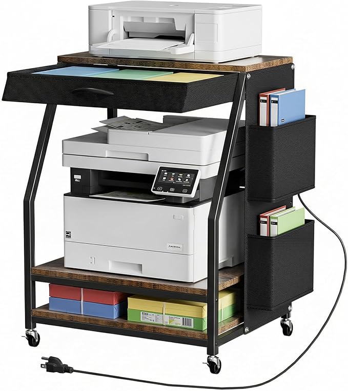 Housolution Large Printer Stand, 3 Tier 22 x 18 Inch Mobile Printer Table with Charging Station & Adjustable Storage Shelf, Rolling Printer Cart with Wheels, Printer Stand with storage for Home Office