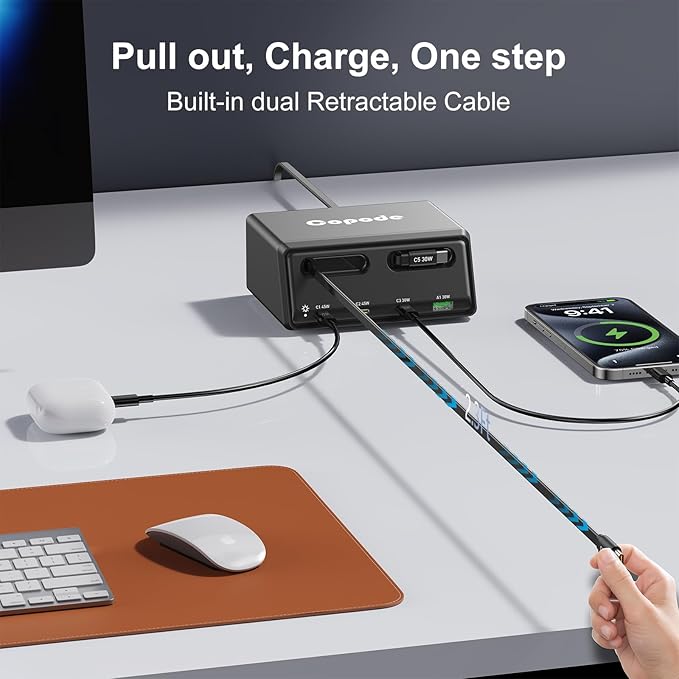 6-in-1 Retractable Charger for Multiple Devices,150W GaN USB C Charging Station with Dual Retractable Cables Compatible with iPhone 17/16,iPad,MacBook and More-Desktop Charger for Home,Office(Black)