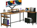 DEVAISE 66 Inches L Shaped Desk with Drawers, L Shaped Office Desk with Power Outlets, Monitor Stand, Computer Table, Gaming Desk with LED Light, Large Corner Desk for Home Office (White)