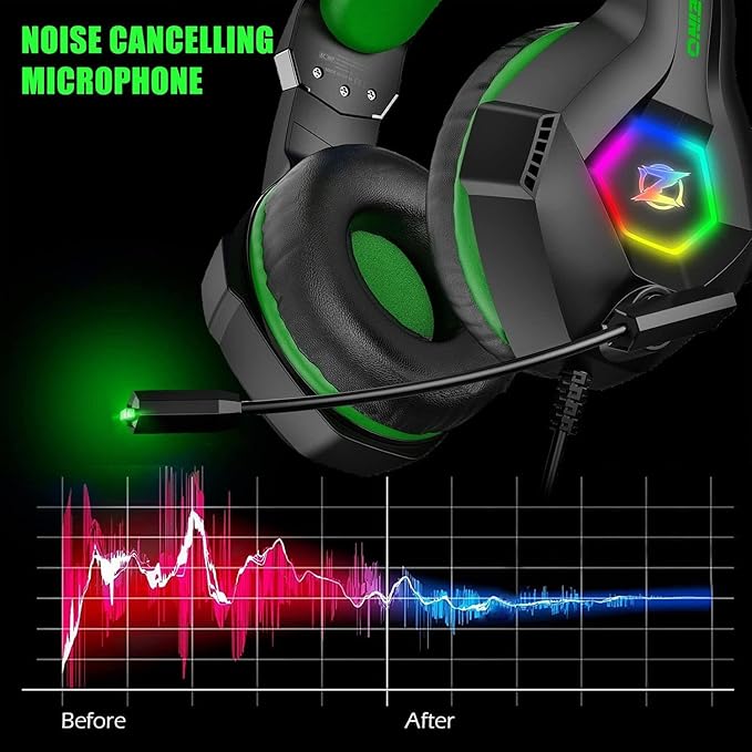 Ozeino Gaming Headset for PC, Ps4, Ps5, Xbox Headset with 7.1 Surround Sound, Gaming Headphones with Noise Cancelling Mic RGB Light Over Ear Headphones for Xbox Series X/S, Switch-Green