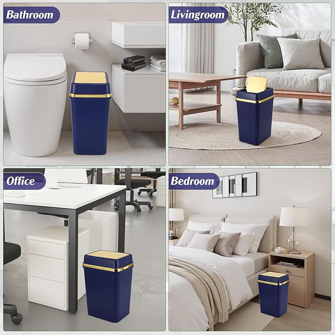Bathroom Trash Can with Lid 4 Gallon Trash Can with Swing Lid Navy Blue Small Garbage Can Bathroom Garbage Can with 300 Counts Trash Bags for Kitchen Bedroom Office