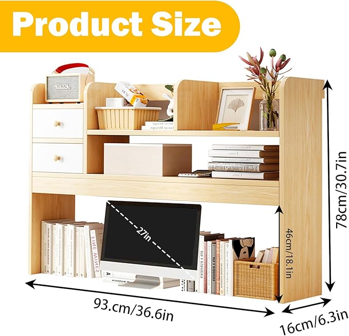Desktop Bookshelf,Countertop Storage Hutch with 4 Shelves for Dorm Office Home,Wooden Hutch Bookshelf,Computer Bookcase 36.6in (Wood Color)