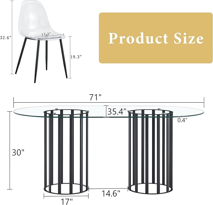 Table and chair set.71 inch oval tempered glass dining table,black double column light luxury style. Paired with 8 Transparent Plastic Chairs with Black Metal Legs. Accurate size, suitable for 8 peo
