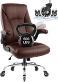 Big and Tall Office Chair for Heavy People, 500LBS High Back Extra Wide Executive PU Leather Office Chair with Flip-Up Armrests, Quiet Rubber Wheels, Comfortable Home Office Desk Chair(Brown)