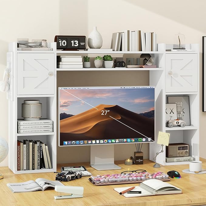 ELECWISH Desktop Bookshelf, Desk Hutch with Drawer for Computer Desk, 35.3" 8-Tier Adjustable Desktop Shelf Organizer with Pegboard for Home Office, Oak