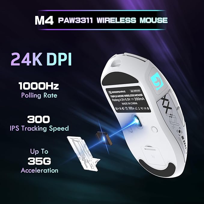 ATTACK SHARK × MAMBASNAKE M4 Wireless Gaming Mouse, 24000 Adjustable DPI PAW3311 Optical Sensor, Programmed Buttons, 52g Lightweight Ergonomic Computer Mice 2.4G/BT/USB-C for PC/Mac-White&Griptape