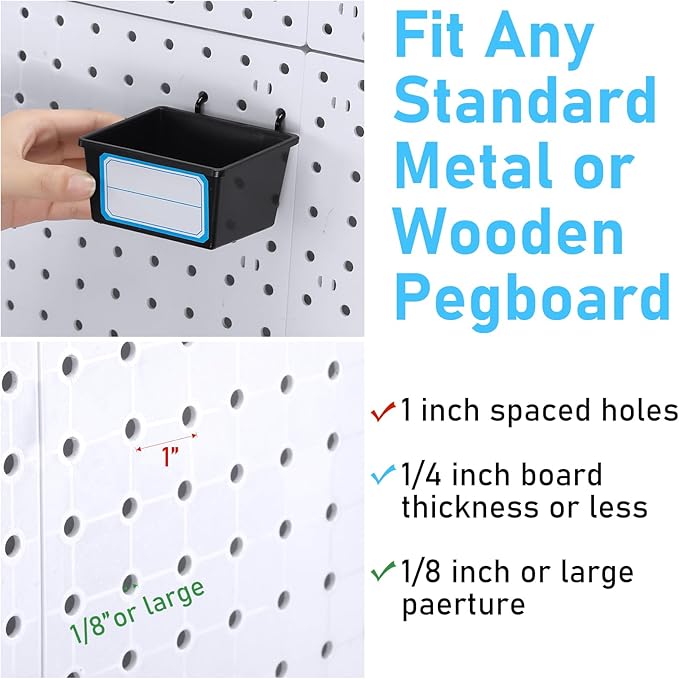 Uiifan 18 Set Pegboard Bins Kit Plastic Pegboard Cups with Metal Hooks Wall Containers Organizer Accessories with Label Stickers for DIY Tools Craft Office Workshop Garage Storage(Black)