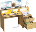 Bestier 55" Computer Desk with Power Outlets & LED Lights, Home Office Desk with Lockable File Drawer & Printer Shelf, Monitor Stand, Modern Workstation for Gaming Study, Natural Oak