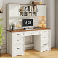 Vabches Farmhouse Executive Desk with 7 Drawers and Storage Cabinet, Rustic Large Home Writing Desk with Hutch, Workstation for Bedroom, White
