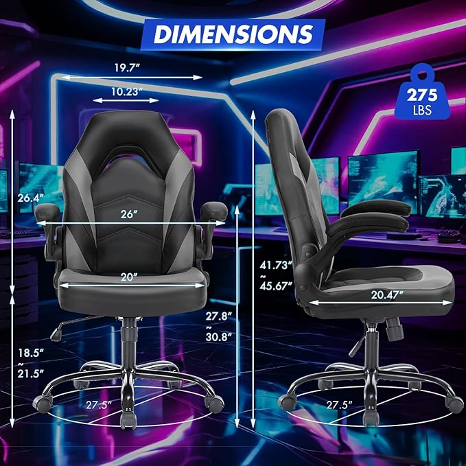Sweetcrispy Computer Video Game Desk Chair - Ergonomic Comfy Lumbar Support, PU Leather with Flip-up Armrest, Height Adjustable and 360° Swivel, for Adults, Black Grey