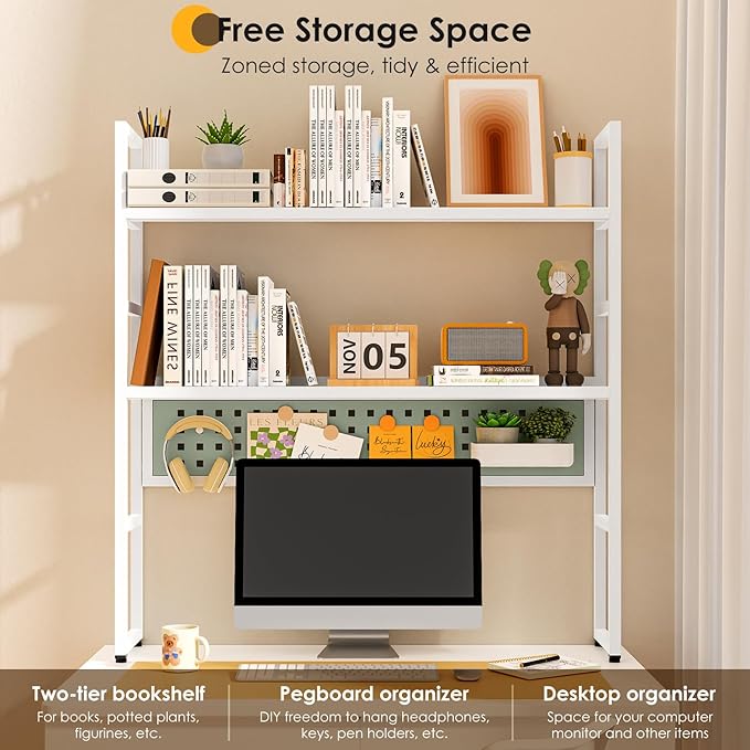 Brakki Desk Shelf, 35.43" Desk Hutch Bookshelf, Desktop Shelf with Pegboard for Computer Monitor, Metal Desktop Hutch Storage Organizer for Dorm Home Office, 2 Tier Bookcase, White