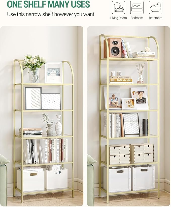 Hzuaneri Bookcase Bookshelf, Tempered Glass Arched Bookshelf for More Storage, Slim Shelving Unit for Bedroom, Bathroom, Home Office, Steel Frame, Wide 6 Tier Gold BC22699G
