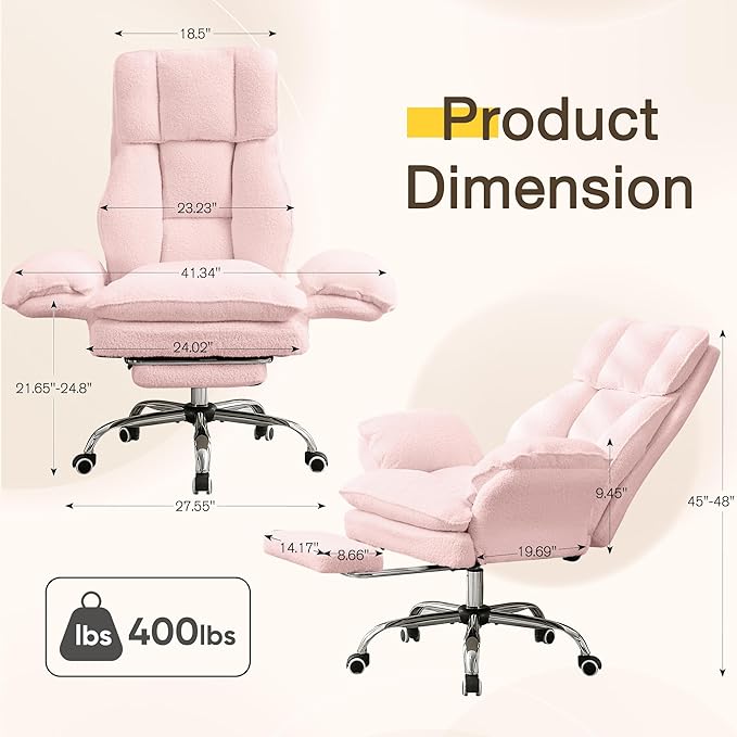 Ergonomic Cloud Cross Legged Office Chair with Footrest,Teddy Fleece Big and Tall Executive Chair with Wheels,Reversible Armrest,155° Reclining Computer Wide Desk Chair for Home,Office (Pink)