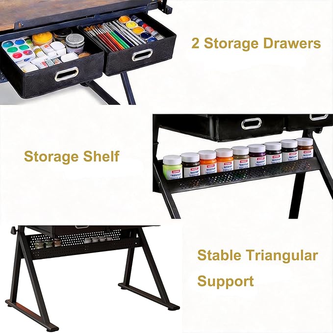 Garvee Height Adjustable Drafting Table, 0-75°Tilting Drawing Desk Artist Table w/Stool, Multifunctional Art Craft Workstation with 2 Storage Drawers for Home Office Reading, Writing, Crafting