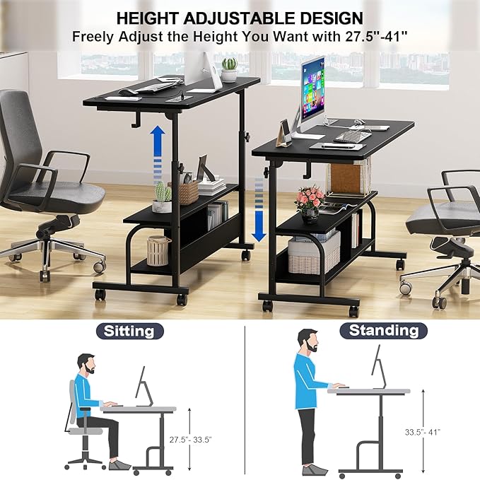 Armocity Rolling Standing Desk with Power Outlets, 47" Manual Height Adjustable Mobile Computer Desk with Wheels, Portable Sit Stand Laptop Couch Table for Bed & Sofa Home Office, Black