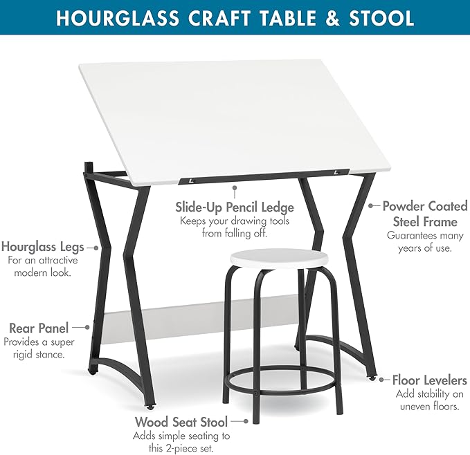 SD Studio Designs Hourglass Craft Table Angle Adjustable Drafting Table, Table+Stool