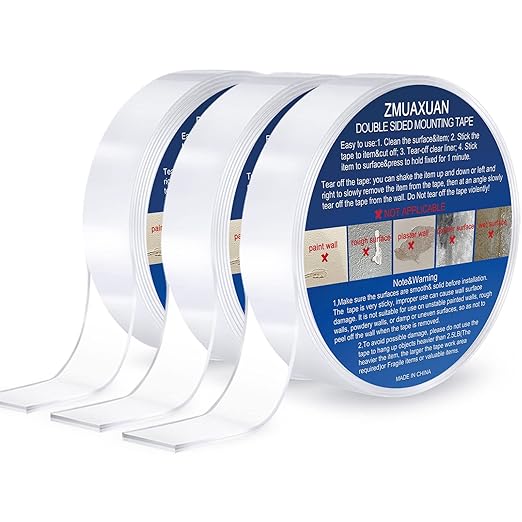 ZMUAXUAN Clear Double Sided Adhesive Mounting Tape Heavy Duty Removable,Strong Picture Hanging Strips Wall Hangers,Sticky Tack Gel Putty Glue for Poster,Photo,Mirror,Carpet(9.85 Ft-3 Pack)