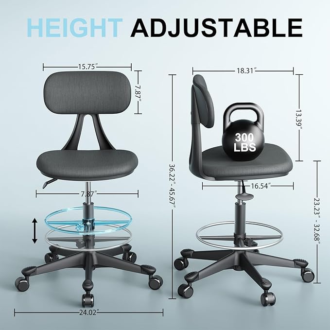 Drafting Chair with Auto-Lock Gravity Wheel,Height Adjustable Standing Desk Chair,Tall Drafting Stool,with Back Support & Foot Rest,No Arms,for Studio,Lab,Office or Home