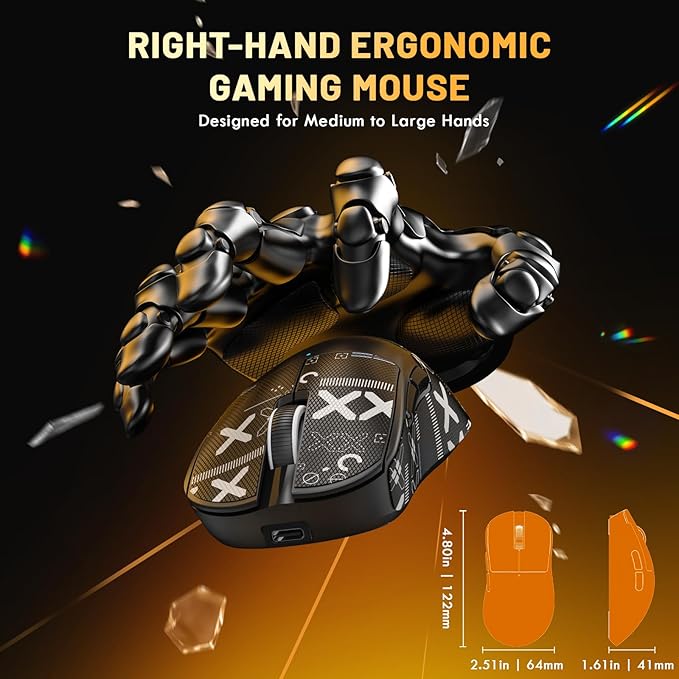 MAGIC-REFINER X2 Superlight Wireless Gaming Mouse,BK3633 Tri-Mode BT/2.4G Wireless/Wired Mouse with Grip Tape,25000DPI,1000Hz Polling Rate,500mAh,Large Size,5 Programmable Buttons for Pc/Mac,Black PRO