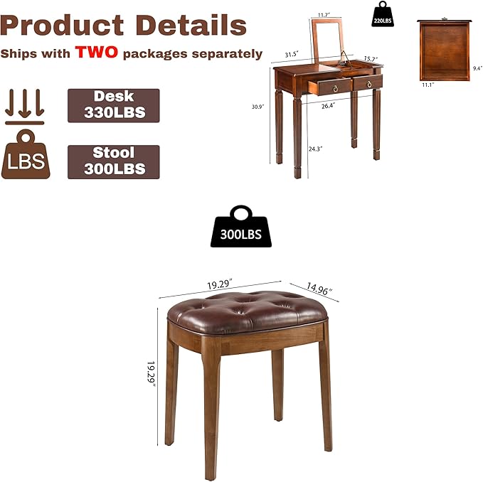 Flip Top Wood Makeup Vanity Desk Set with Mirror, Small Vintage Dressing Vanity Table Set with 2 Drawers & Matching Padded Bench Stool Writing Desk with Button Tufted Cushioned Stool, Cherry&Wine Red