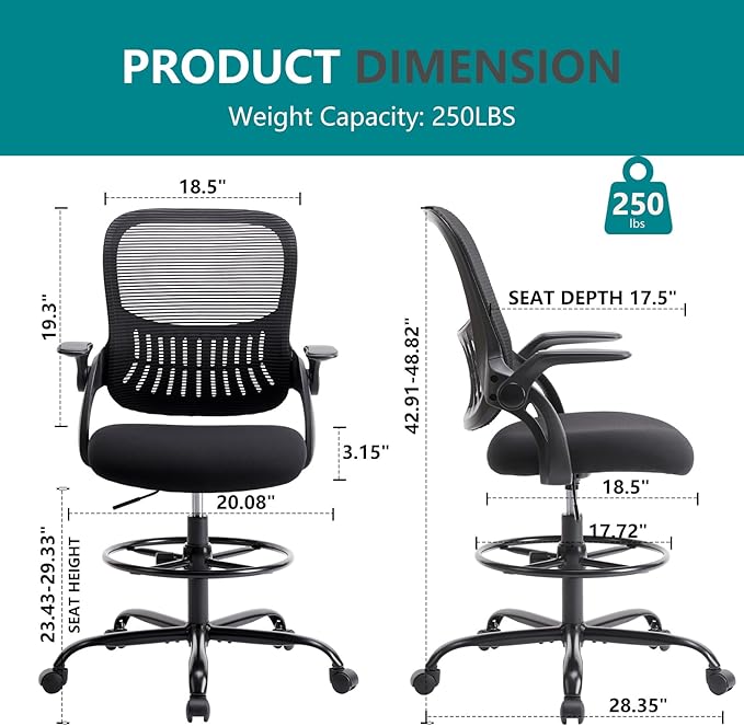 DUMOS Drafting Chair for Standing Desk, Counter Height Adjustable, Flip-up Arms, Ergonomic Mid Back Mesh Rolling Work Swivel Office Computer Chairs with Wheels, Black