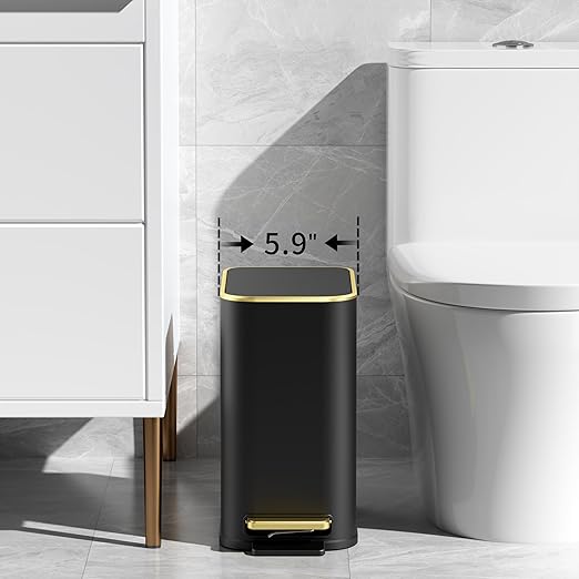 TIPGO Small Bathroom Trash Can with Lid Soft Close, Step Pedal, 5 Liter / 1.3 Gallon Stainless Steel Trash Bin, Slim Garbage Cans for Toilet, Office, Bedroom (Black)