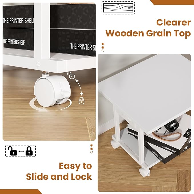 Asgolion Printer Table, 2-Tier Under Desk Printer Stand with Charging Station, Printer Stand with Wheels, PrinterShelf for Small Spaces, Printer Cart for Home Office White