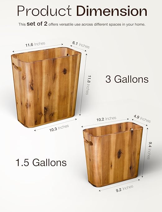 TIDITA Set of 2 Acacia Wood Waste Basket for Bedroom - Small Wooden Trash Can for Bathroom, Rustic Bathroom Decor - Waste Paper Basket with Handle, 2PCS Wood Trash Can, Office Trash Cans for Near Desk