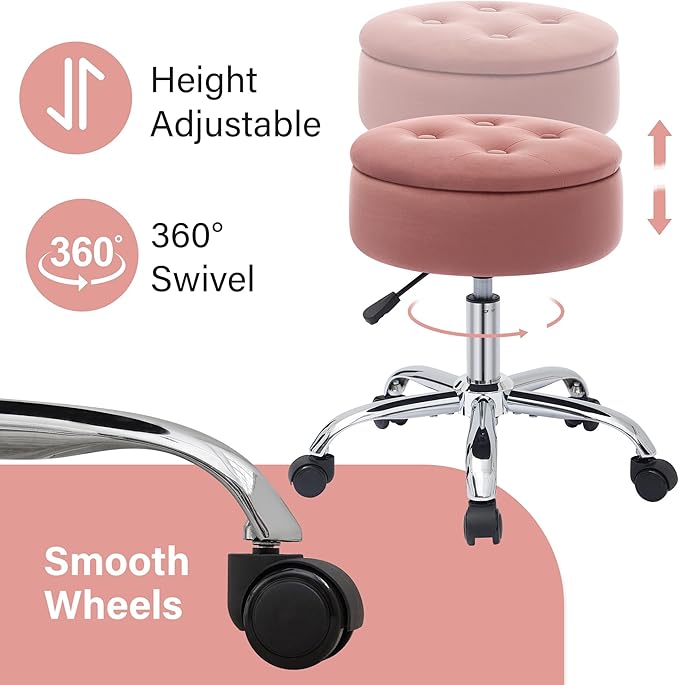 Gitrah Vanity Chair with Wheels Adjustable Vanity Stool with Storage Swivel Vanity Stool for Vanity Rolling Makeup Chair Pink