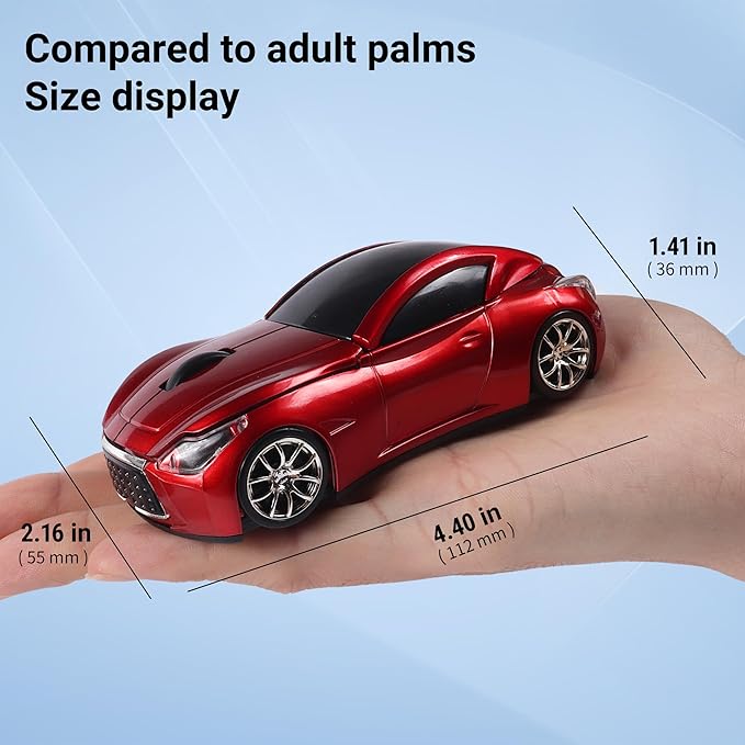 Elec Space Wireless Car-Shape Mouse With LED Headlights, 2.4G Unique for Kids, USB Receiver, 1600 DPI Cool Gaming for Laptop PC Computer-Red