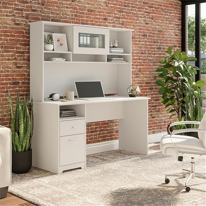 Bush Furniture Cabot 60W Single Pedestal Desk and Hutch, White