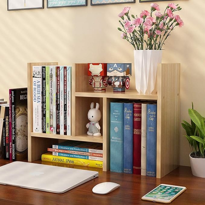 VOVCIG Desktop Organizer Expandable Office Storage Rack Adjustable Wood Display Shelf Rack Small Bookshelf Office Supplies Storage Shelf, 5 Units(Light Yellow)