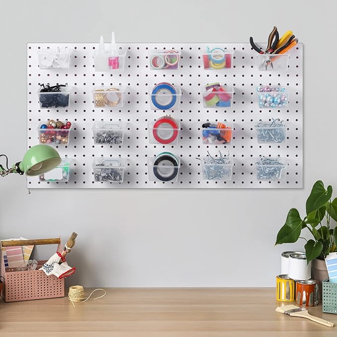 Unittype 24 Set Clear Peg Board Baskets and Bins Pegboard Baskets Organizer Accessories Peg Board Bins with Hooks Sticker Label and Pen for Office Wall Teacher Craft Supplies Garage Tool Storage