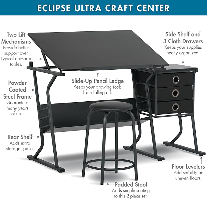 2 Piece Eclipse Ultra Center/Drawing Table with Stool, Angle Adjustable Top, Storage Shelves, and Drawers