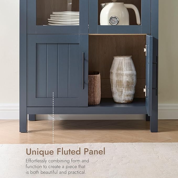 71" Tall Arched Display Cabinet, 5-Tier Bookshelf Modern Farmhouse Arched Bookcase with Glass Doors and Shelves, Wooden Pantry Storage Cabinet for Living Room, Office and Kitchen, Blue