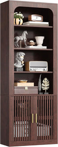 IRONCK Mid-Century Book Shelf, 6-Tier Floor Standing Bookcase with Grille Doors, Tall Storage Shelves for Display & Organizing, Suitable for Home Office, Living Room(Natural Red Walnut)