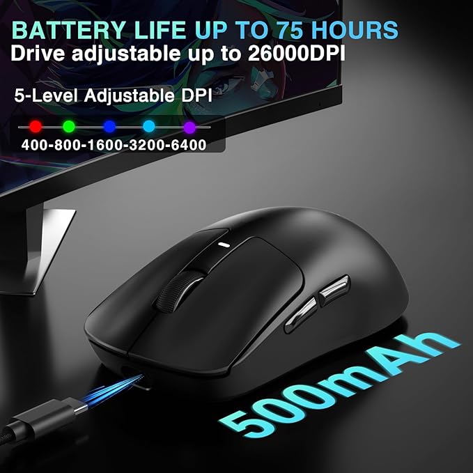 AULA SC680 Wireless Gaming Mouse, Tri-Mode 2.4Ghz/USB-C/BT5.2, Ultra-Lightweight Mouse, PAW3395 Sensor, 8K Polling Rate, 26000 DPI, 75Hrs Battery Life, Rechargeable Gaming Mice for PC/Laptop/Mac/PS5