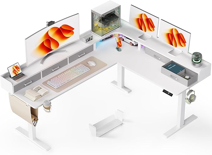 WALKINGDESK 75 Inches Height Adjustable L Shaped Standing Desk with 5 Drawers and Monitor Shelf, Electric Sit to Stand Home Office Comupter Table, Ergonomic Corner Gaming Desk, White