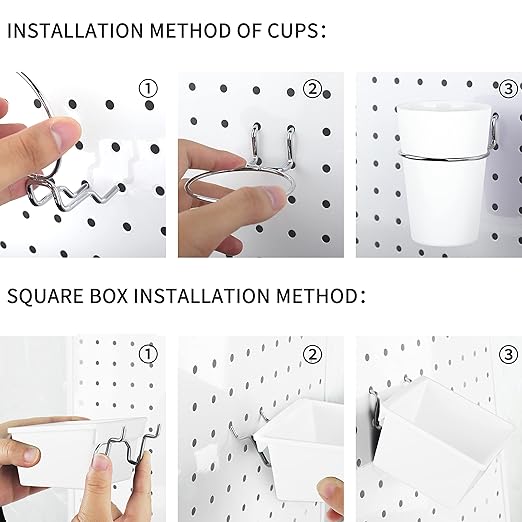Kuhome 6 Sets Pegboard Bins Cups with Hooks Loops, Pegboard Hooks Assortment, Hooks for Pegboard Cup Holder for Tools Accessory Storage Organizer for Office Workshop Garage Workbench White